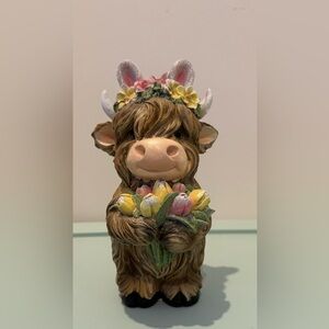 Super Cute Easter Highland Cow Figurine with Floral Accents and Bunny Ears- NWT